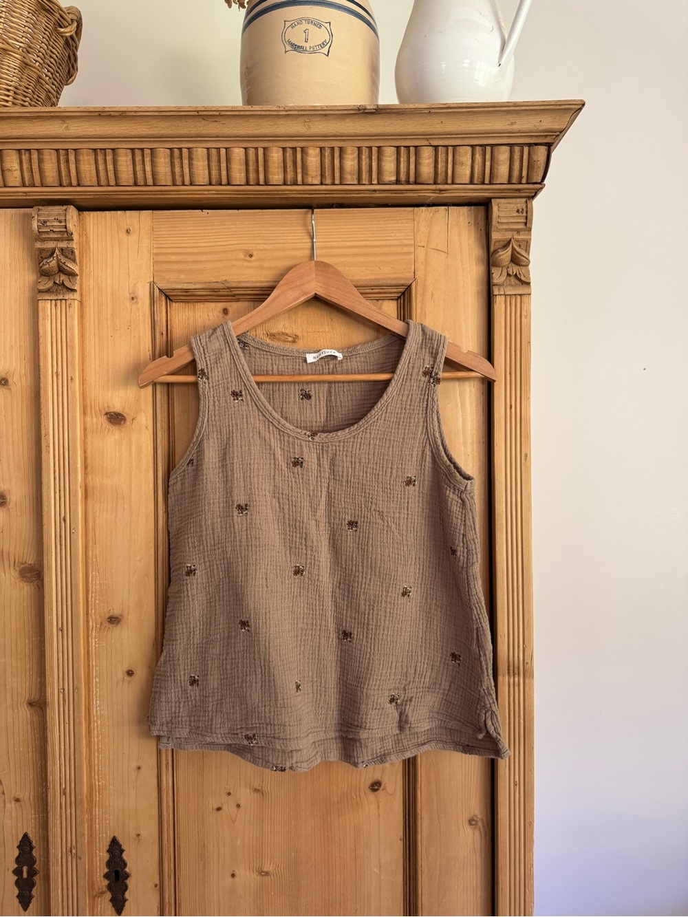 Sleeveless Embroidered Textured Tank Top - Taupe